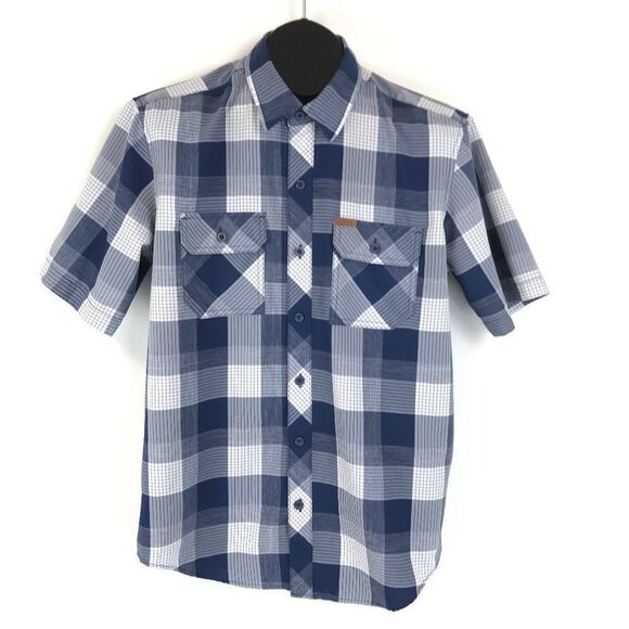 Orvis Shirt Men's Medium 100% Polyester Blue Plaid Short Sleeve Button Up - Picture 1 of 11